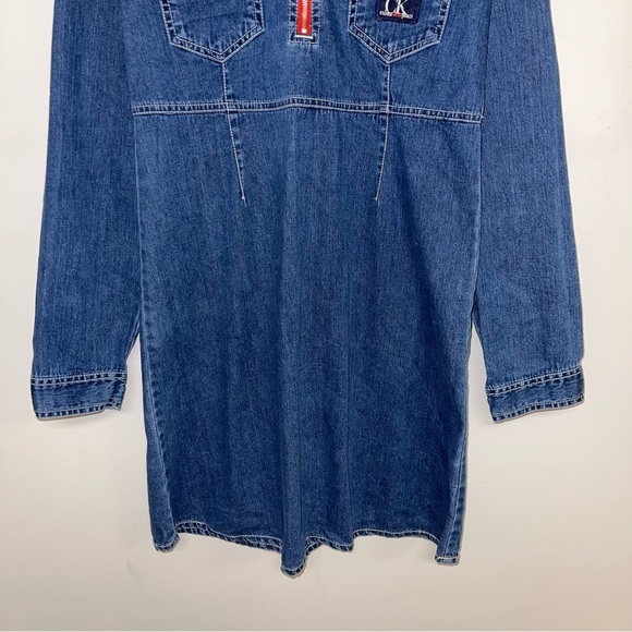 Calvin Klein Denim Dress Size Medium Petite Blue Red Long Sleeve Vintage Jean - Picture 4 of 8